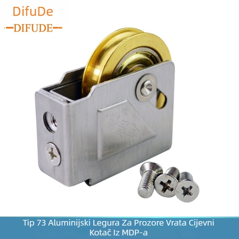 Rolna za vrata i prozore s kućištem od nehrđajućeg čelika i bakrenim kotačićem s ležajem, model DFD-HL73-T; radijus utora za uže 14,25 mm; promjer osovine 10 mm; pogodno za aluminijske dvostruke vrata i prozore tipa 73