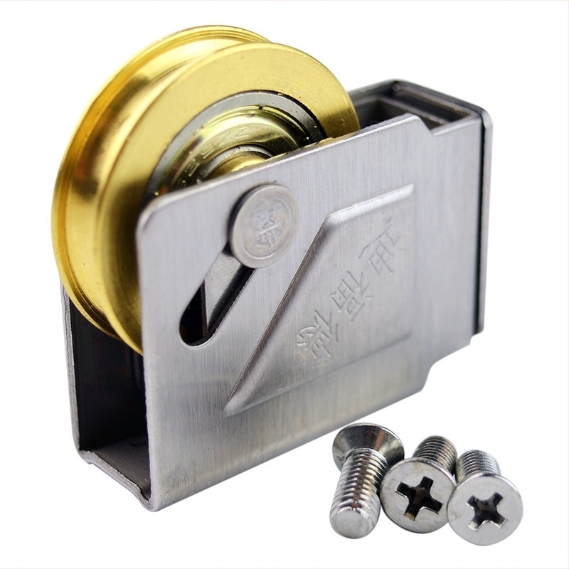 Rolna za vrata i prozore s kućištem od nehrđajućeg čelika i bakrenim kotačićem s ležajem, model DFD-HL73-T; radijus utora za uže 14,25 mm; promjer osovine 10 mm; pogodno za aluminijske dvostruke vrata i prozore tipa 73