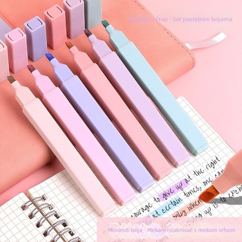 Marker isticanja s mekanim vrhom i četvrtastim tijelom; model 0639, plastično kućište, 6 komada u kutiji, nije izbrisiv, otisnuto logo, mogućnost prilagodbe.