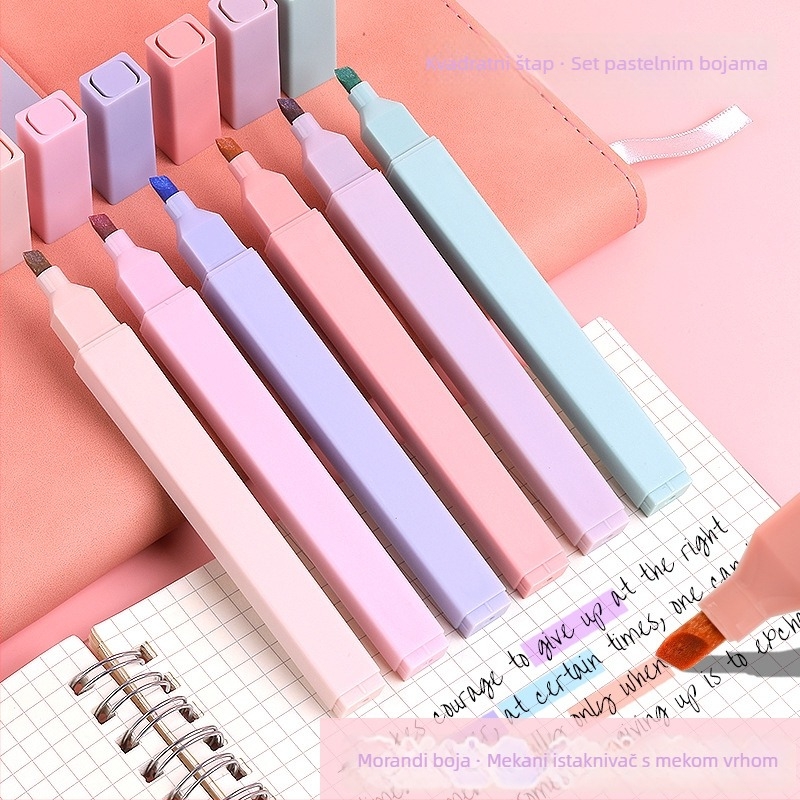 Marker isticanja s mekanim vrhom i četvrtastim tijelom; model 0639, plastično kućište, 6 komada u kutiji, nije izbrisiv, otisnuto logo, mogućnost prilagodbe.