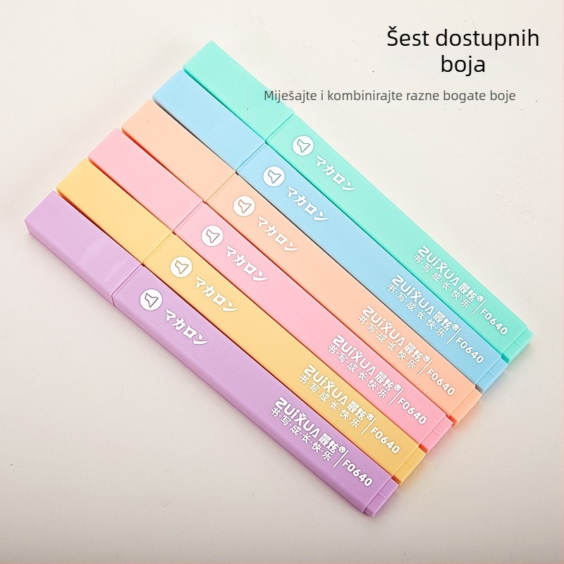 Marker isticanja s mekanim vrhom i četvrtastim tijelom; model 0639, plastično kućište, 6 komada u kutiji, nije izbrisiv, otisnuto logo, mogućnost prilagodbe.