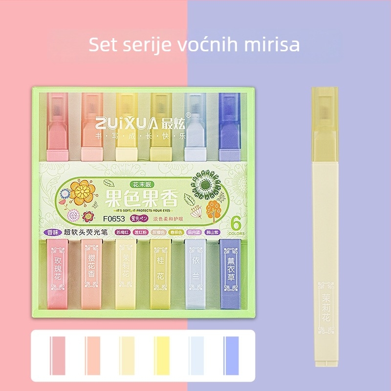 Marker isticanja s mekanim vrhom i četvrtastim tijelom; model 0639, plastično kućište, 6 komada u kutiji, nije izbrisiv, otisnuto logo, mogućnost prilagodbe.