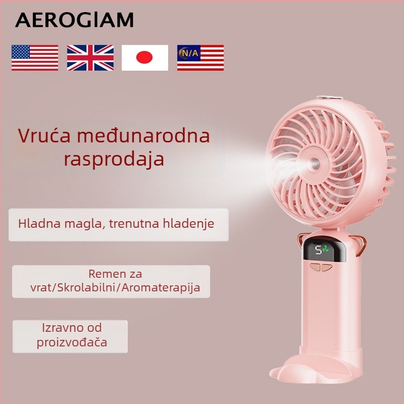 Mini ventilator s raspršivačem oko vrata, sklopivi, s digitalnim zaslonom, aromaterapija, prijenosni stolni ventilator. Tehničke značajke: 3.7V, 4.5W, ugrađena baterija 1200–2000 mAh, 5 lopatica, 5 brzina