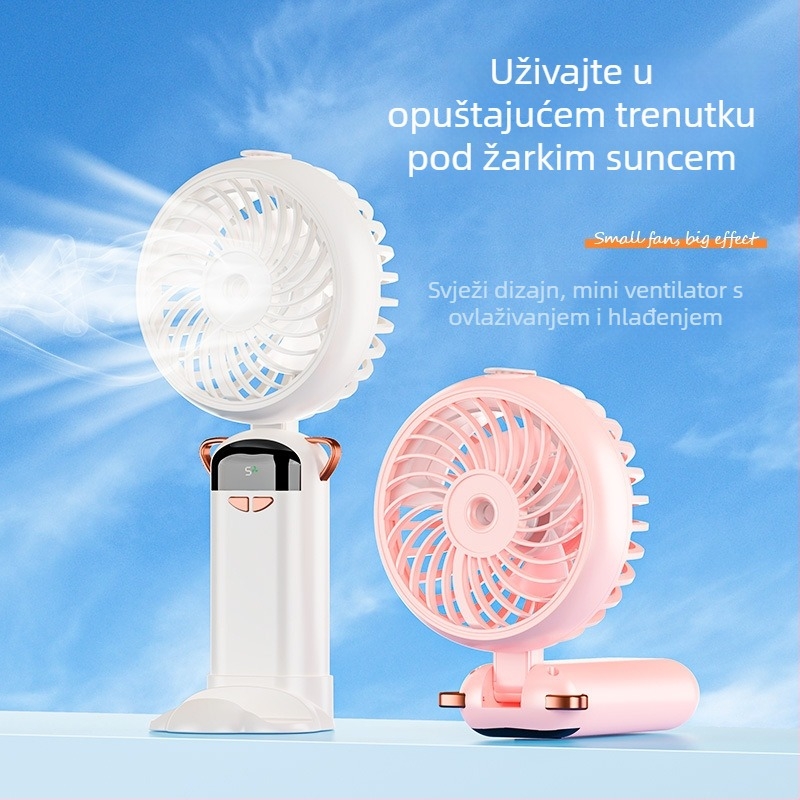 Mini ventilator s raspršivačem oko vrata, sklopivi, s digitalnim zaslonom, aromaterapija, prijenosni stolni ventilator. Tehničke značajke: 3.7V, 4.5W, ugrađena baterija 1200–2000 mAh, 5 lopatica, 5 brzina