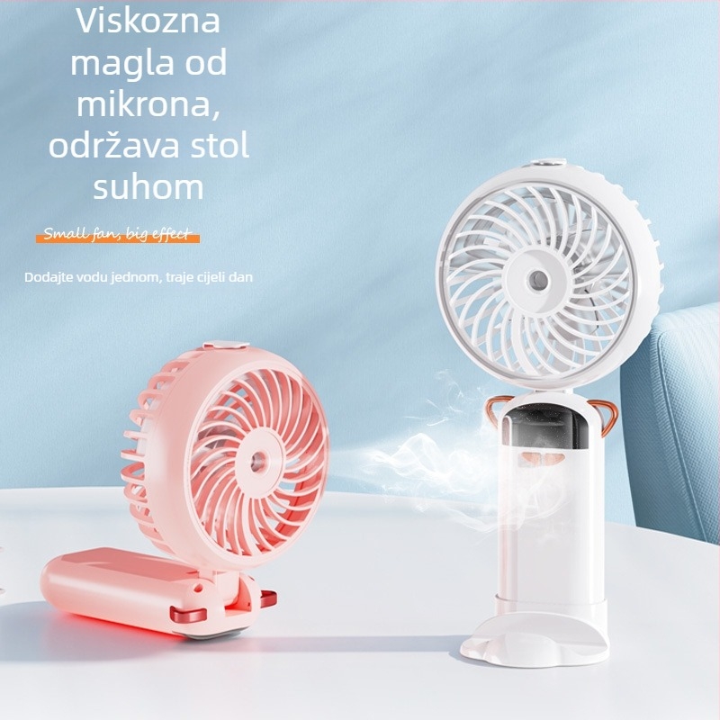 Mini ventilator s raspršivačem oko vrata, sklopivi, s digitalnim zaslonom, aromaterapija, prijenosni stolni ventilator. Tehničke značajke: 3.7V, 4.5W, ugrađena baterija 1200–2000 mAh, 5 lopatica, 5 brzina