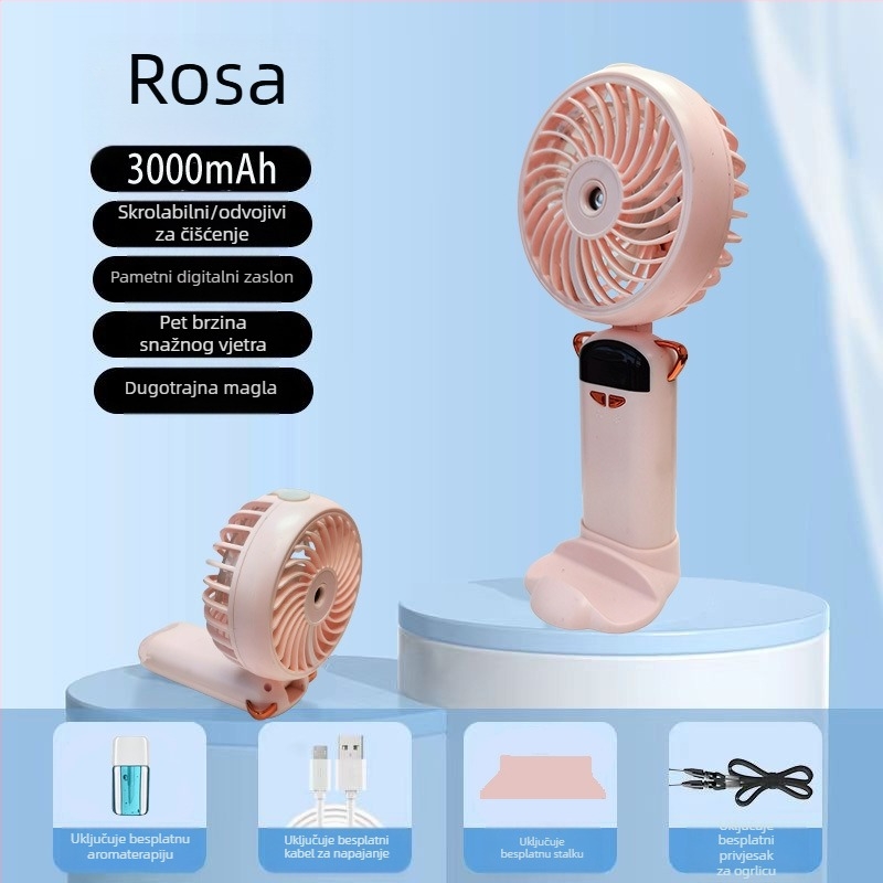 Mini ventilator s raspršivačem oko vrata, sklopivi, s digitalnim zaslonom, aromaterapija, prijenosni stolni ventilator. Tehničke značajke: 3.7V, 4.5W, ugrađena baterija 1200–2000 mAh, 5 lopatica, 5 brzina