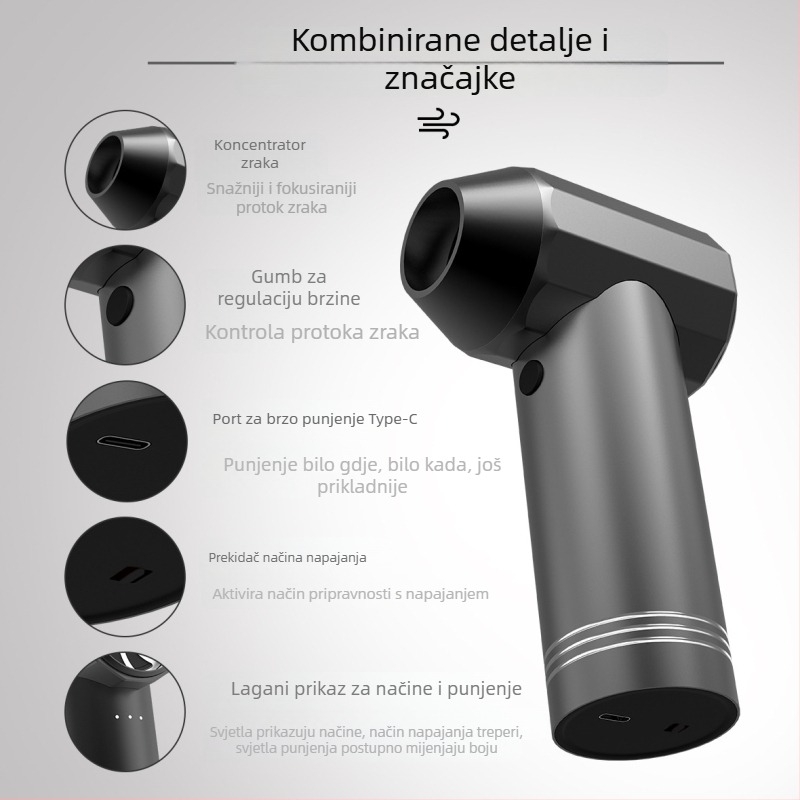 Bežični turbo ventilator s brushless motorom, ugrađena baterija 6000mAh, 4 brzine, buka 45-50 dB, USB punjenje