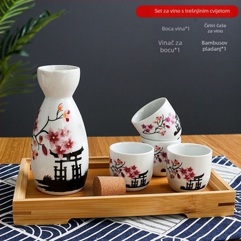 Keramički set za vino u japanskom stilu sa četiri čaše u jednom posudi, moguć otisak logotipa
