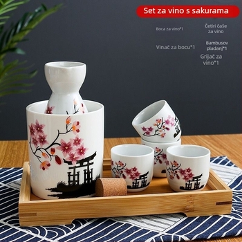 Keramički set za vino u japanskom stilu sa četiri čaše u jednom posudi, moguć otisak logotipa