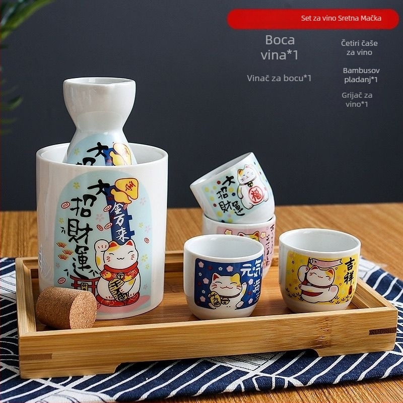Keramički set za vino u japanskom stilu sa četiri čaše u jednom posudi, moguć otisak logotipa
