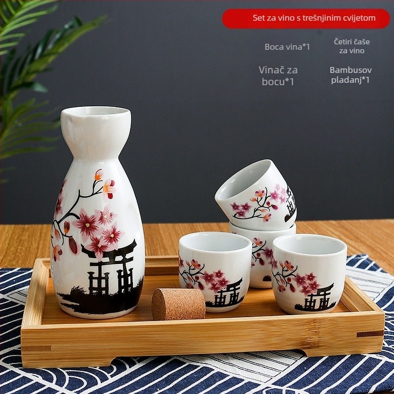 Keramički set za vino u japanskom stilu sa četiri čaše u jednom posudi, moguć otisak logotipa