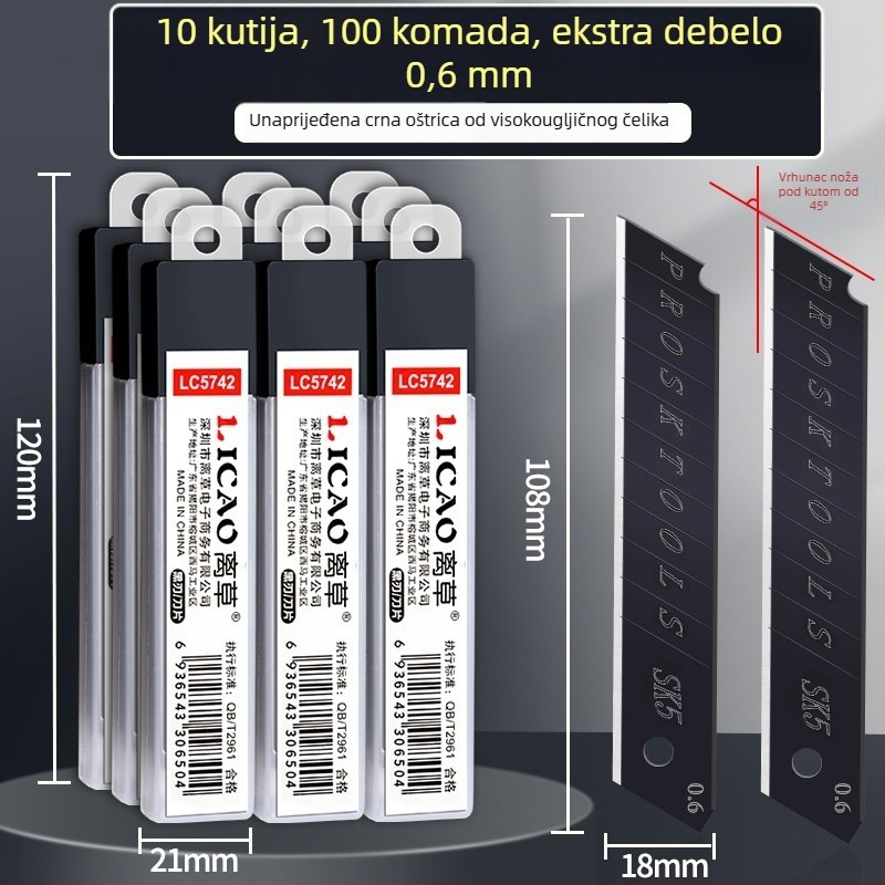 Metalni nož za rezanje tapeta, model LC5742A_S3, materijal: metal, oštrica 110×18 mm, ukupna duljina 110 mm, neto težina 1600