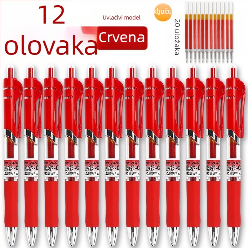 Morning Light crvena gel olovka s mehanizmom pritiskanja za korekcije, namijenjena učiteljima i učenicima srednjih i gimnazijskih razreda, poklon za Dan učitelja