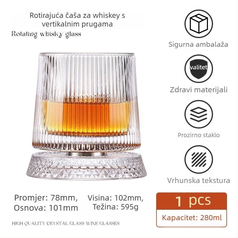 Čaša za viski s kristalnim dnom koje se vrti, kristalno staklo, kapacitet 201–300 ml, lagani luksuzni stil, rotirajuće dno