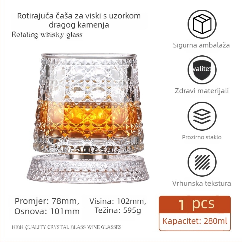 Čaša za viski s kristalnim dnom koje se vrti, kristalno staklo, kapacitet 201–300 ml, lagani luksuzni stil, rotirajuće dno
