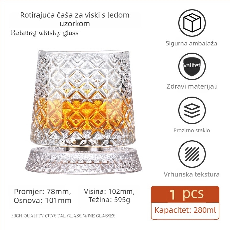 Čaša za viski s kristalnim dnom koje se vrti, kristalno staklo, kapacitet 201–300 ml, lagani luksuzni stil, rotirajuće dno