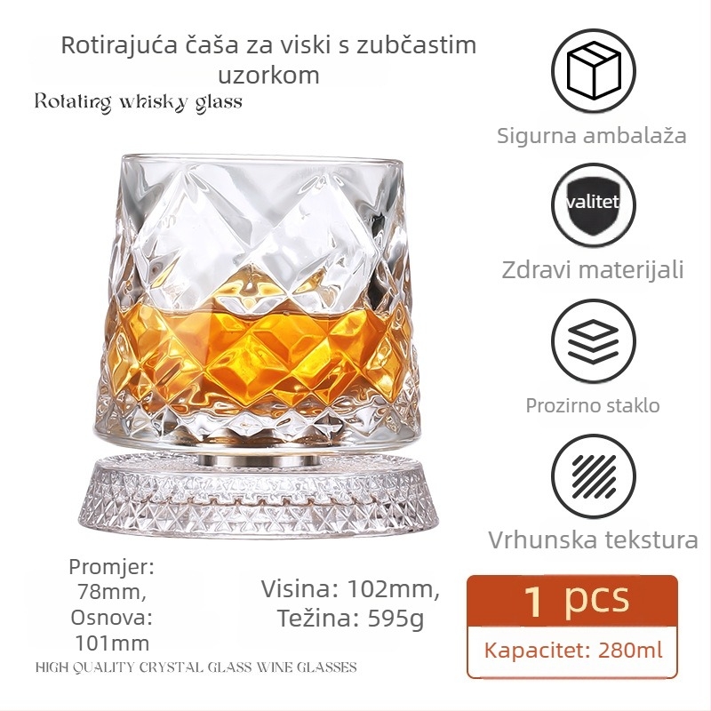Čaša za viski s kristalnim dnom koje se vrti, kristalno staklo, kapacitet 201–300 ml, lagani luksuzni stil, rotirajuće dno