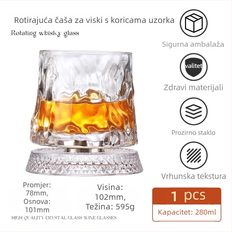 Čaša za viski s kristalnim dnom koje se vrti, kristalno staklo, kapacitet 201–300 ml, lagani luksuzni stil, rotirajuće dno