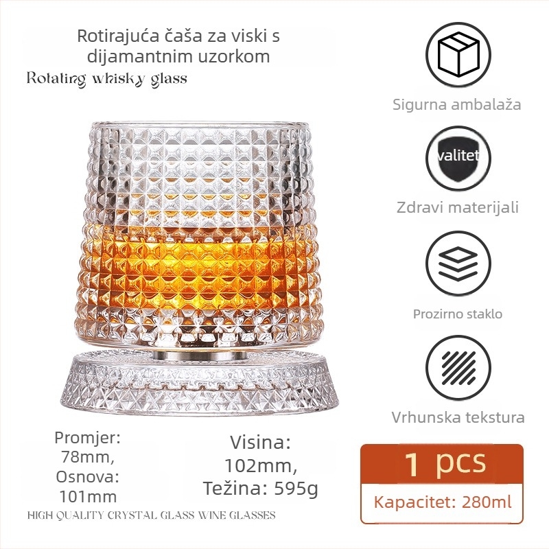 Čaša za viski s kristalnim dnom koje se vrti, kristalno staklo, kapacitet 201–300 ml, lagani luksuzni stil, rotirajuće dno