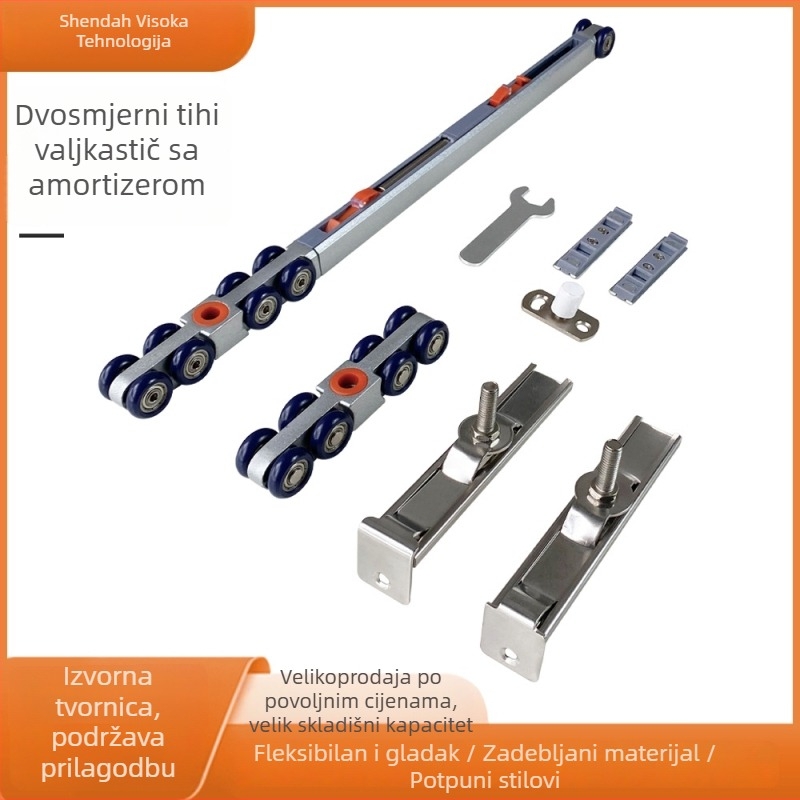 Dvostrano amortizirajući visići kotač za klizna vrata — nehrđajući čelik, Ø28 mm, os Ø5 mm, nosivost 75–95 kg, pogodna za drvena, staklena i nehrđajuća vrata