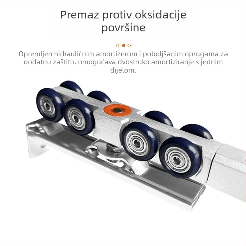 Dvostrano amortizirajući visići kotač za klizna vrata — nehrđajući čelik, Ø28 mm, os Ø5 mm, nosivost 75–95 kg, pogodna za drvena, staklena i nehrđajuća vrata
