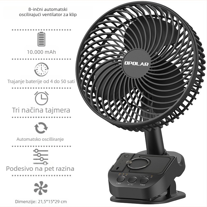 OPOLAR Clip-On Tišni USB Mini Stolni Ventilator s Uklonjivom Baterijom, 5 Brzina, 3 Lopatice, Trajanje Baterije Preko 12 Sati