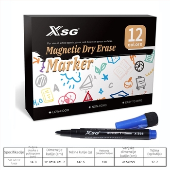 Marker za bijelu ploču s magnetskom trakom i četkicom – XSG, izbrisiv, za bijele ploče, staklo, keramiku, papir i akrilne ploče