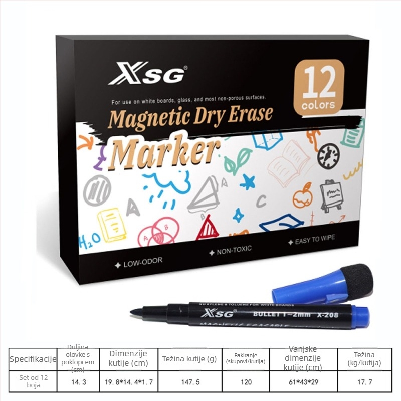 Marker za bijelu ploču s magnetskom trakom i četkicom – XSG, izbrisiv, za bijele ploče, staklo, keramiku, papir i akrilne ploče