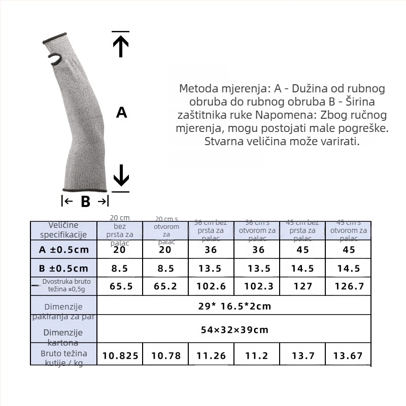 HPPE zaštitni rukav za podlakticu s otvorom za palac, ojačan dizajn, otpornost na abraziju 5, za klanje