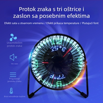 USB ventilator s prikazom vremena (3 lopatice, motor bez četkica, USB napajanje, 2 brzine)