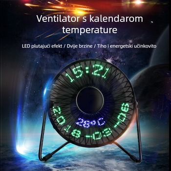 USB ventilator s prikazom vremena (3 lopatice, motor bez četkica, USB napajanje, 2 brzine)
