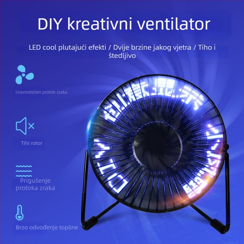 USB ventilator s prikazom vremena (3 lopatice, motor bez četkica, USB napajanje, 2 brzine)