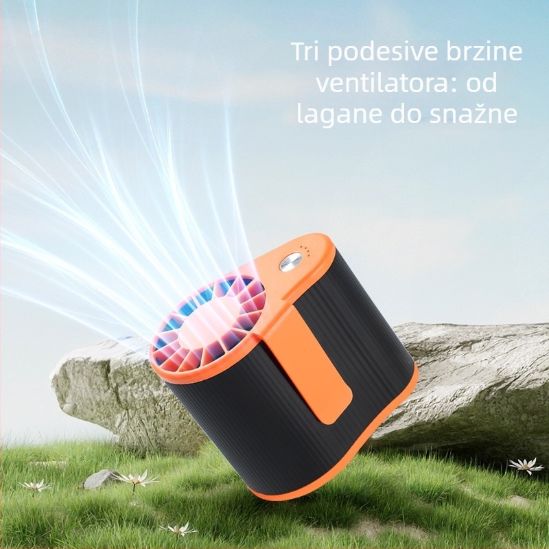 Ventilator za pojas USB, mini, s plastičnim lopaticama — 3 brzine, trajanje rada 3–6 sati, ugrađena baterija 1000–1200 mAh, motor sa četkicama