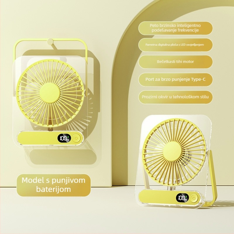 Stolni ventilator s 5 lopatica, 5 brzina zraka, ugrađena baterija 1200–2000 mAh, inteligentni digitalni displej, buka ispod 36 dB