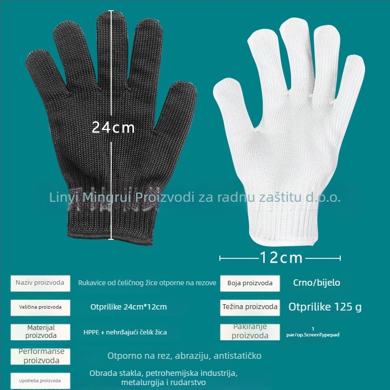Rukavice otporne na rezanje razina 5, vlakno od polietilena visoke čvrstoće i nehrđajući čelični žica, za obradu stakla, petrohemijsku i mehaničku obradu
