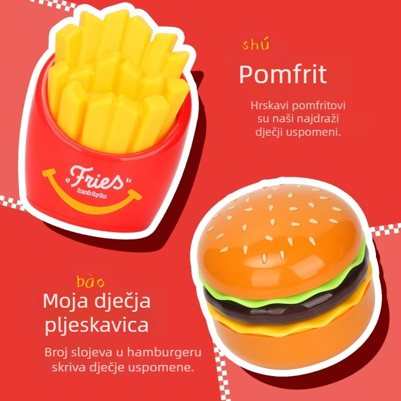 Stolni ventilator u obliku hamburgera i pomfrita – USB punjenje, ugrađena baterija 500–800mAh, 3 brzine, 5 lopatica