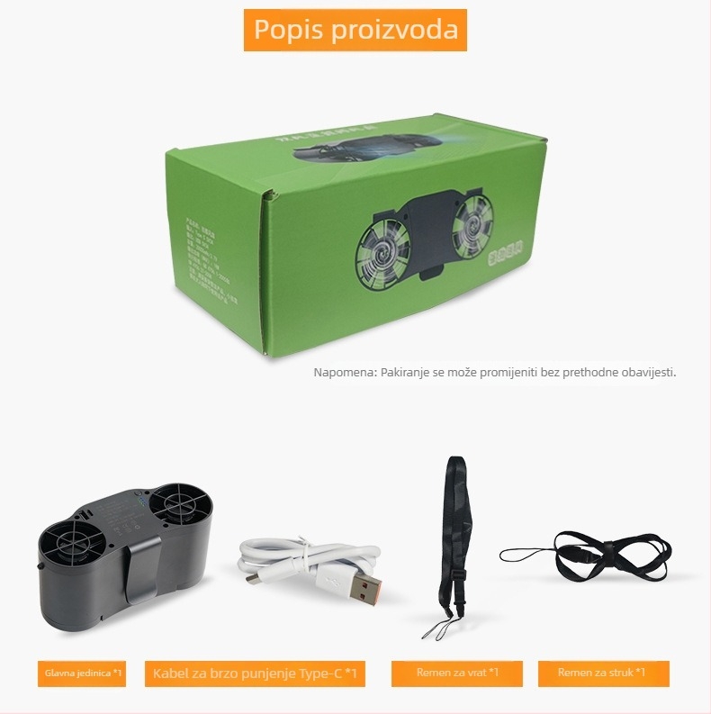 Prijenosni ventilator za pojas s USB napajanjem, ugrađena 6000 mAh baterija, 5 lopatica, 4 brzine, hlađenje za vanjsku uporabu