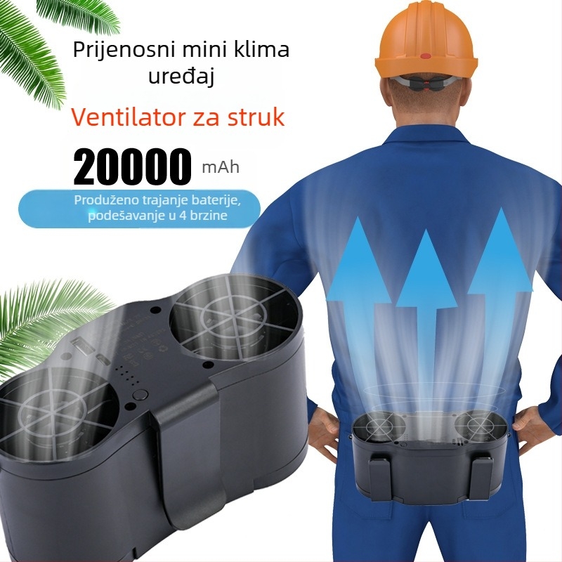 Prijenosni ventilator za pojas s USB napajanjem, ugrađena 6000 mAh baterija, 5 lopatica, 4 brzine, hlađenje za vanjsku uporabu