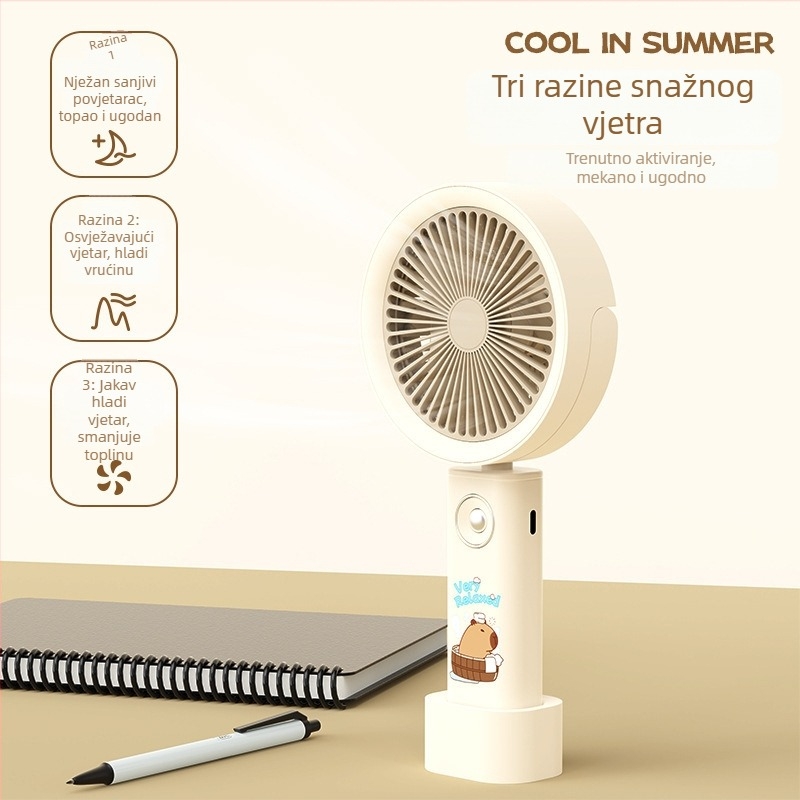 Ručni ventilator s otiskom kapibare, ugrađena baterija 1200-2000 mAh, 3 brzine, 5 lopatica, USB punjenje