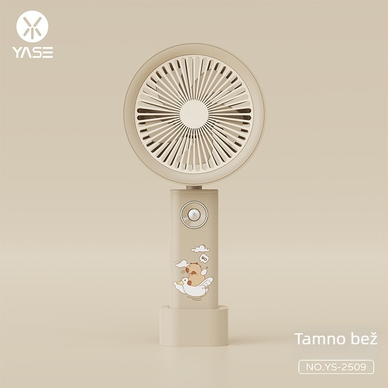 Ručni ventilator s otiskom kapibare, ugrađena baterija 1200-2000 mAh, 3 brzine, 5 lopatica, USB punjenje