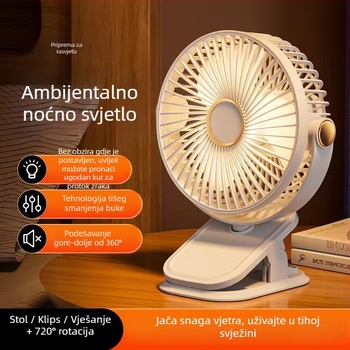 Clip-on USB stolni ventilator – mini, 3 lopatice, ugrađena baterija 300–500 mAh, USB napajanje, 3 brzine, buka ispod 36 dB