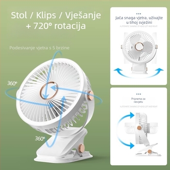 Clip-on USB stolni ventilator – mini, 3 lopatice, ugrađena baterija 300–500 mAh, USB napajanje, 3 brzine, buka ispod 36 dB