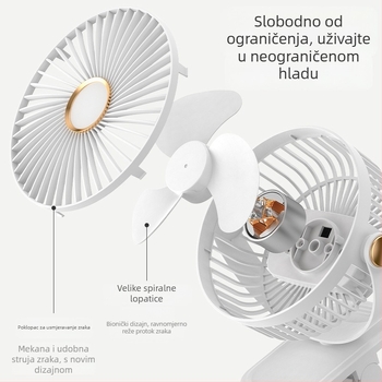 Clip-on USB stolni ventilator – mini, 3 lopatice, ugrađena baterija 300–500 mAh, USB napajanje, 3 brzine, buka ispod 36 dB