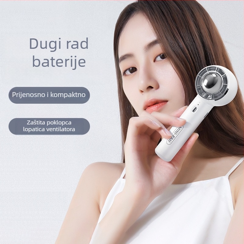 USB prijenosni tiši ručni ventilator s ugrađenom baterijom, 5 lopatica od ABS plastike, 3 brzine, trajanje rada 6–8 sati, držač za mobitel