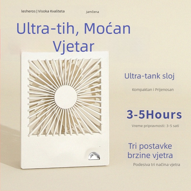 USB stolni ventilator s ugrađenom baterijom 1200–2000 mAh, brushless motor, ABS kućište, 5 lopatica, buka ≤36 dB