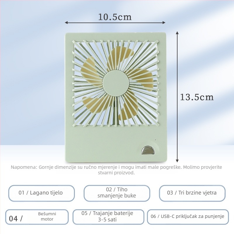 USB stolni ventilator s ugrađenom baterijom 1200–2000 mAh, brushless motor, ABS kućište, 5 lopatica, buka ≤36 dB