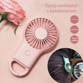 Ručni USB ventilator s karabinom, 5 lopatica, motor s četkom, ugrađena baterija 800–1000 mAh, USB punjenje, 3 brzine, trajanje 3–6 h, tiho (<36 dB)