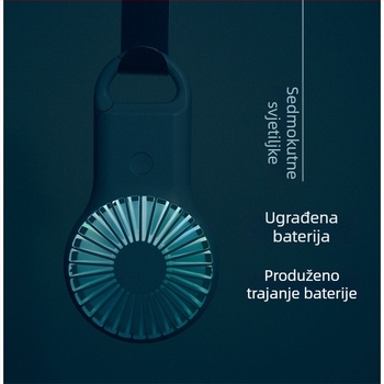 Ručni USB ventilator s karabinom, 5 lopatica, motor s četkom, ugrađena baterija 800–1000 mAh, USB punjenje, 3 brzine, trajanje 3–6 h, tiho (<36 dB)