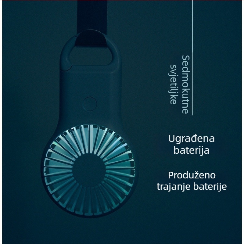 Ručni USB ventilator s karabinom, 5 lopatica, motor s četkom, ugrađena baterija 800–1000 mAh, USB punjenje, 3 brzine, trajanje 3–6 h, tiho (<36 dB)