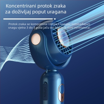 USB punjivi prijenosni turbinski ručni ventilator, visokog protoka, 5 lopatica, ugrađena baterija, kompaktne dimenzije 156×64×43 mm, 3 brzine zraka, niska buka